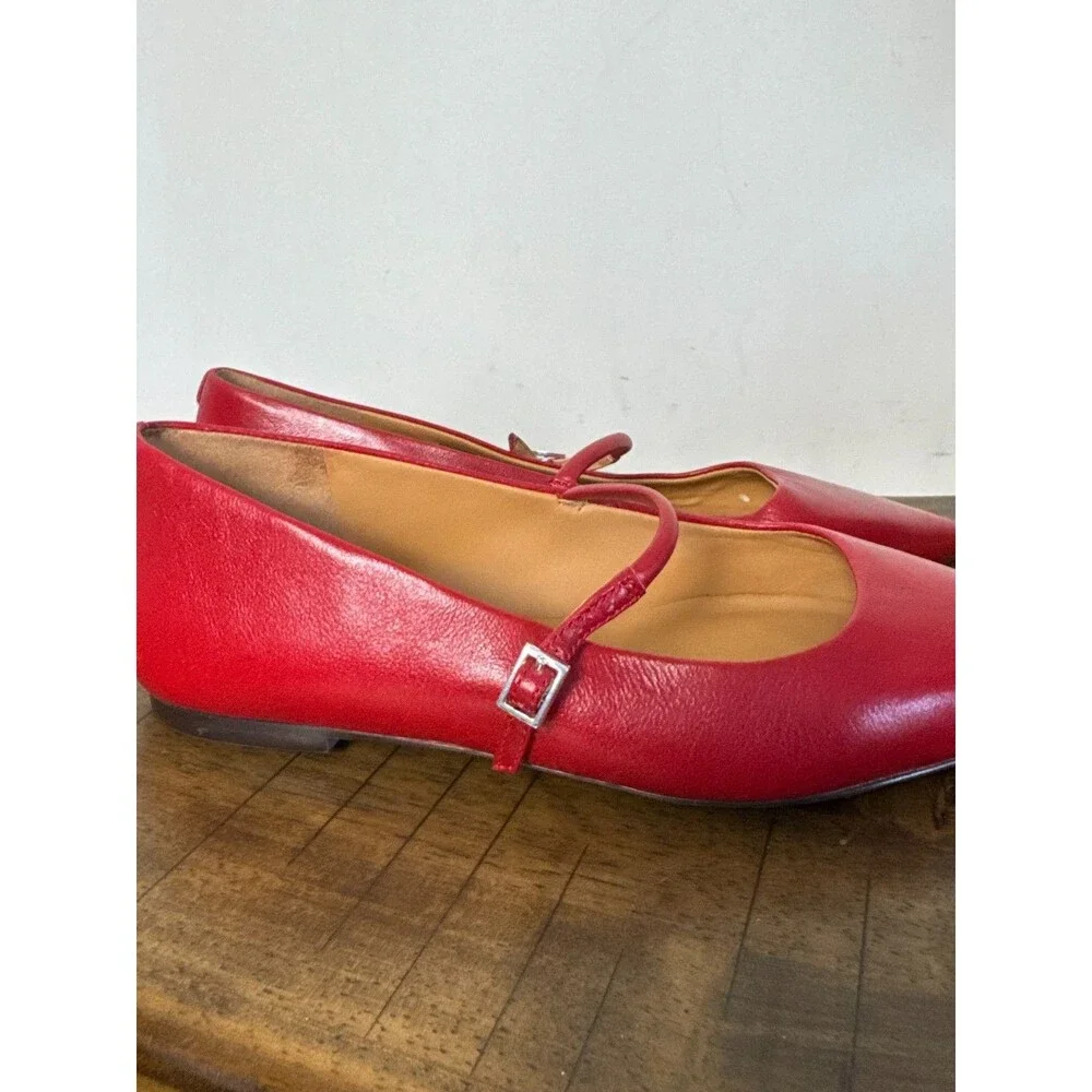 Madewell Red Leather Mary Jane Flats Women 6.5 Pointed Toe Ballet Shoes